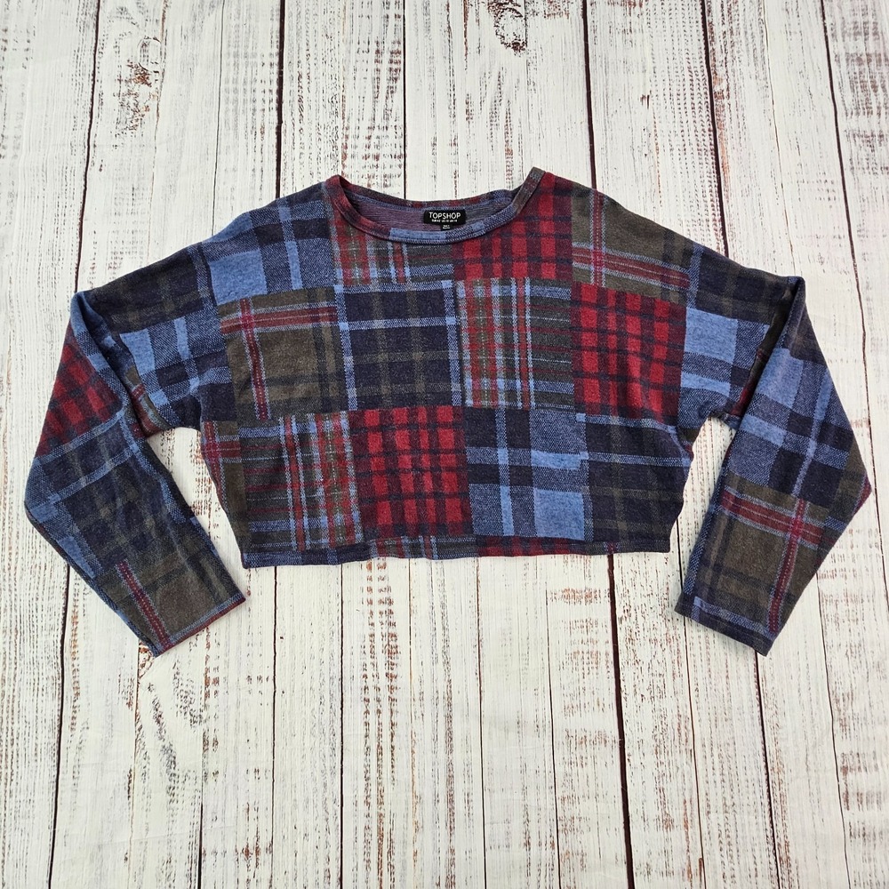Topshop Blue Red Colorblock Plaid Long Sleeve Cropped Top Women's US 10
